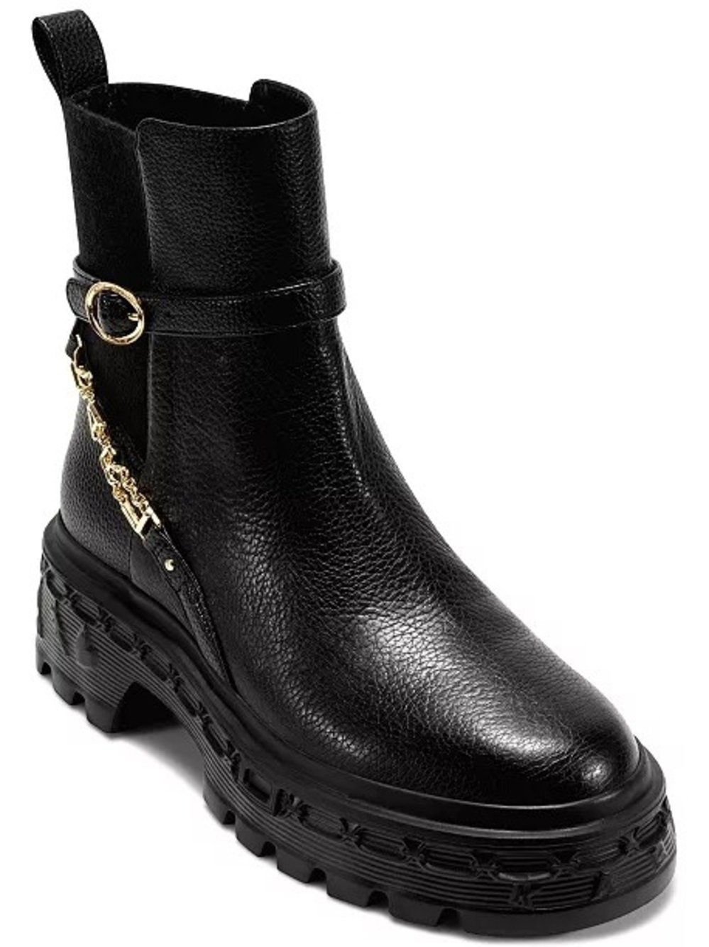 Karl Lagerfeld Black Leather Platform Chelsea Boot with Gold Chain